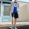 Chemise à manches courtes rayée boutonnée – Tailles asiatiques « Bleu »