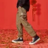 Pantalon à taille élastique unie, tailles asiatiques « Vert olive »