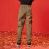 Pantalon à taille élastique unie, tailles asiatiques « Vert olive »