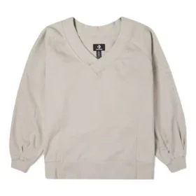 Sweat à capuche beige à col en V en maille ample, couleur unie