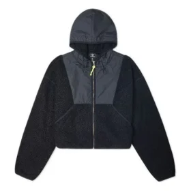 Veste à capuche en laine d&rsquo;agneau avec fermeture éclair intégrale, noire