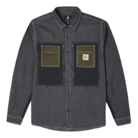 Veste chemise tissée Converse pour homme, petit logo, style rétro, couleurs contrastées, noir foncé