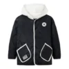 Veste courte en coton à capuche amovible et blocs de couleur – Tailles asiatiques « Noir Blanc »
