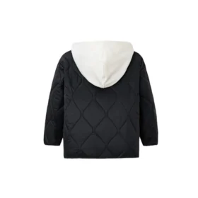 Veste courte en coton à capuche amovible et blocs de couleur – Tailles asiatiques « Noir Blanc »
