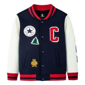 Veste de baseball brodée à blocs de couleur, tailles asiatiques « Bleu marine, blanc, rouge »