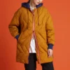 Veste matelassée à capuche mi-longue à couleurs contrastées, marron